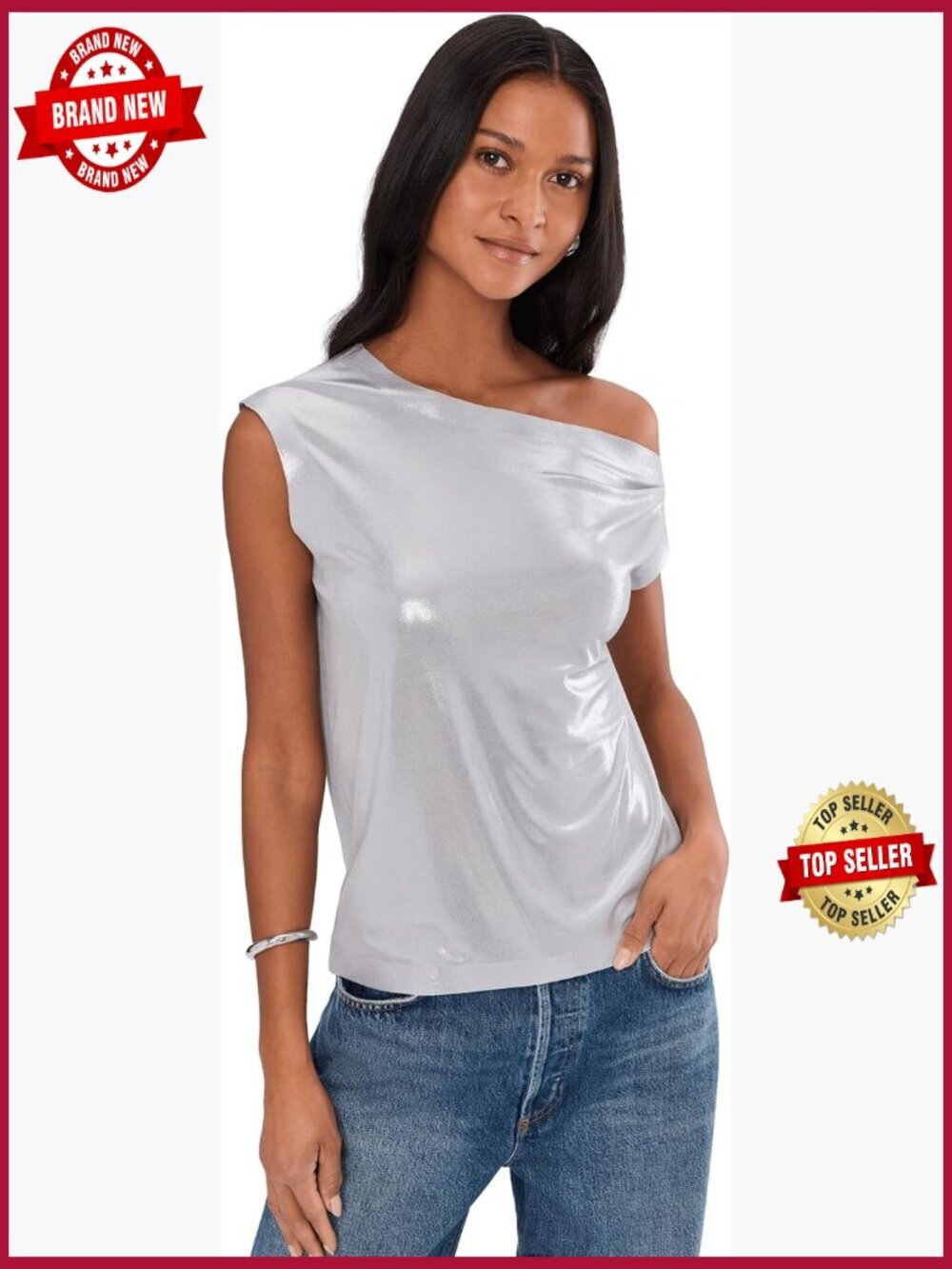 Drop Shoulder One Shoulder Neck Top Silver Regular Fit